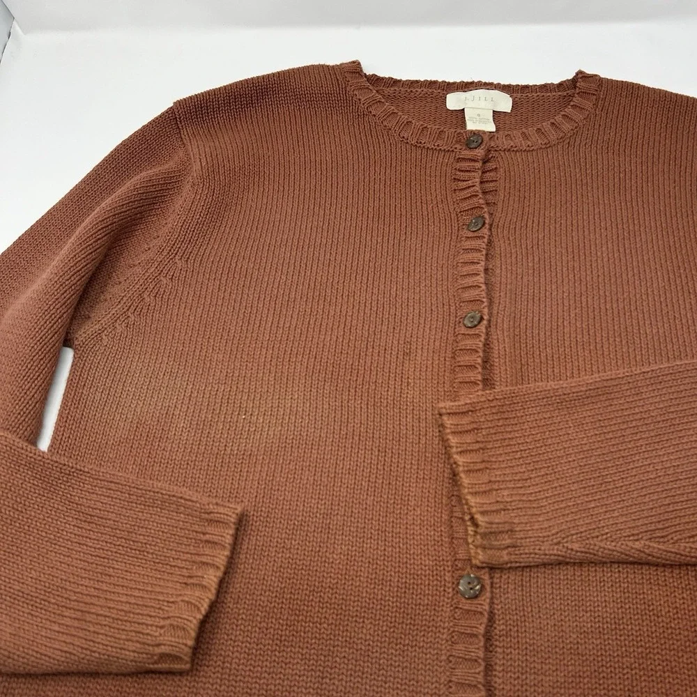 Vtg‎ J. Jill Brown Knit Button Up Sweater Drawstring Hem Cotton Sz Small *Read
